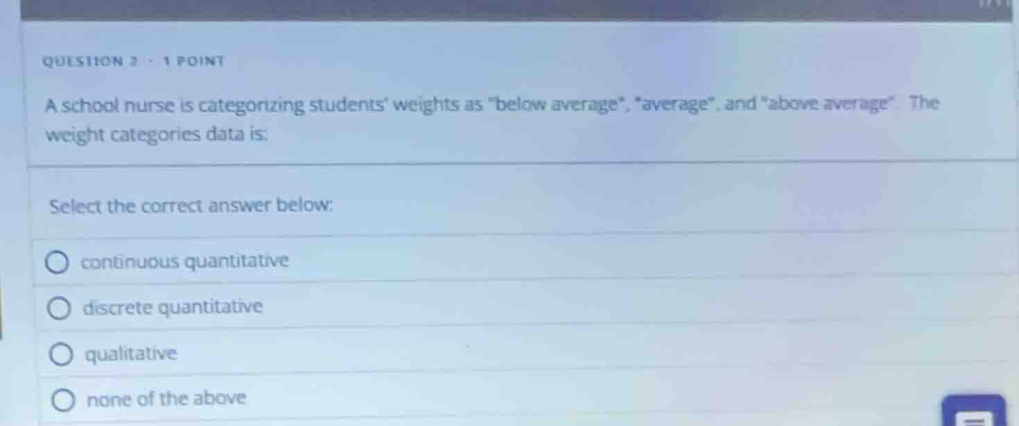 question 2 · 1 point a school nurse is categorizing students weights as…