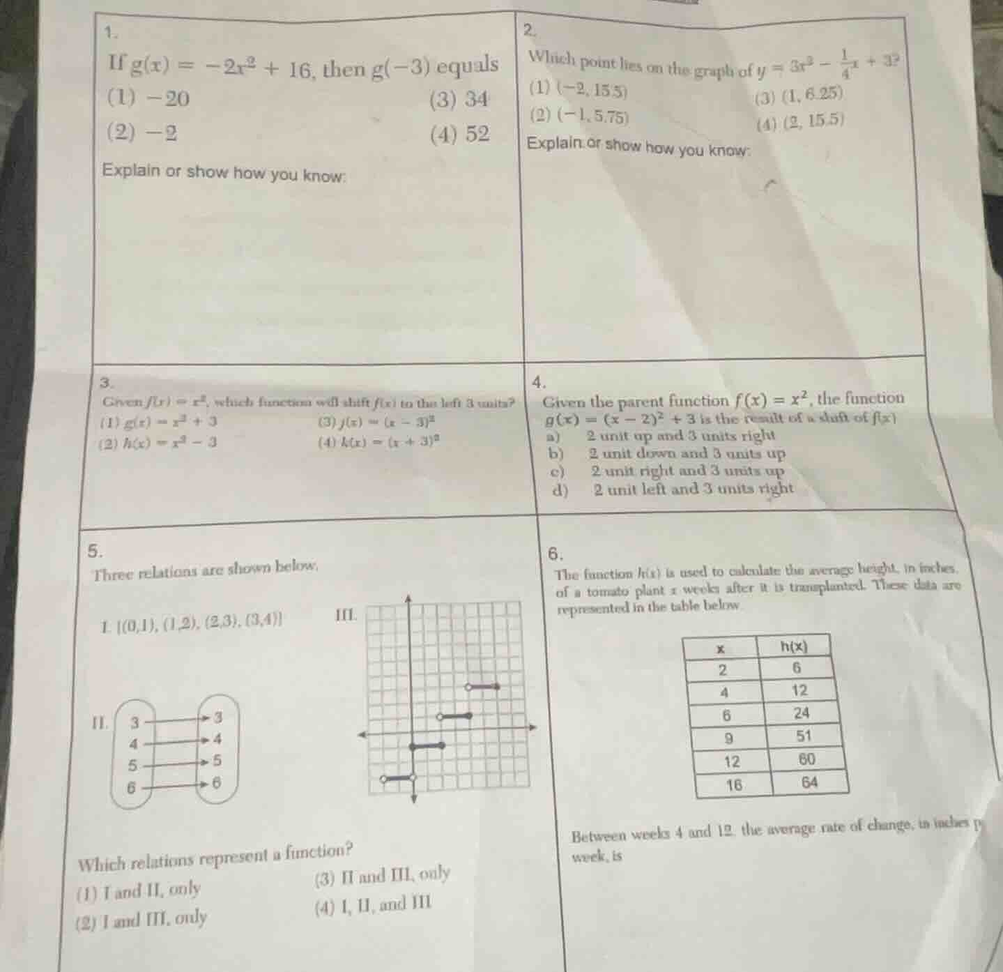 1. if $g(x) = -2x^2 + 16$, then $g(-3)$ equals (1) $-20$ \t\t\t(3) $34$…