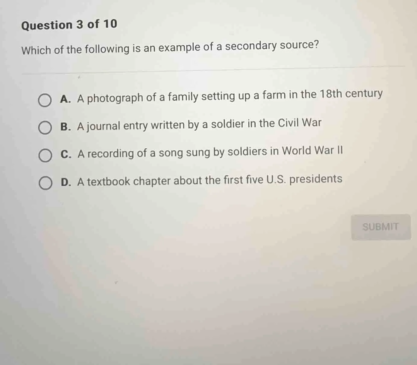 question 3 of 10 which of the following is an example of a secondary so…