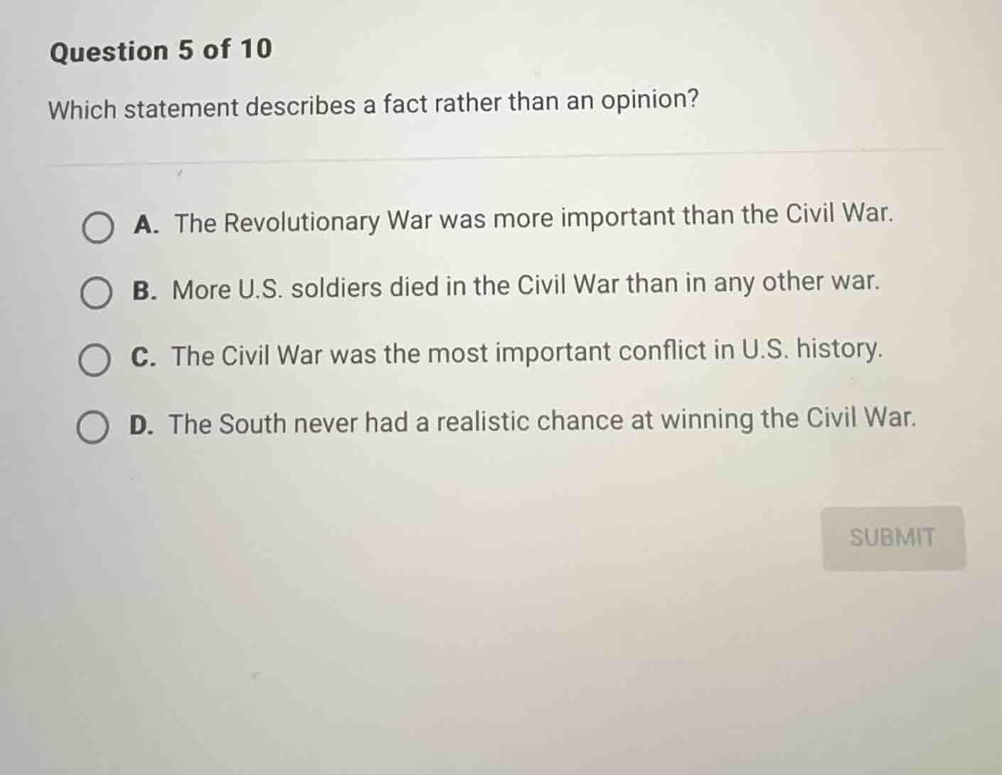 question 5 of 10 which statement describes a fact rather than an opinio…