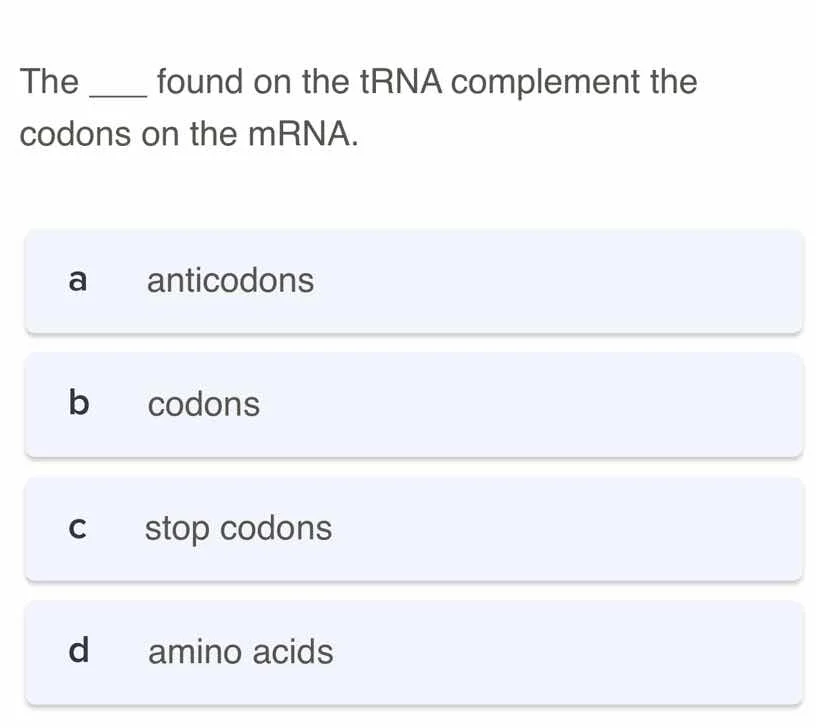 the ___ found on the trna complement the codons on the mrna. a anticodo…
