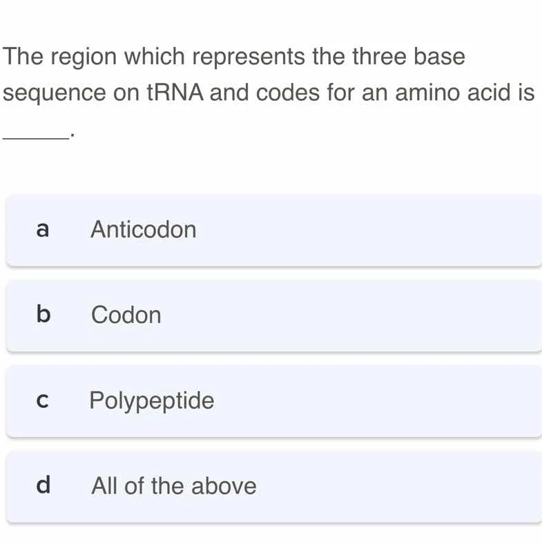 the region which represents the three base sequence on trna and codes f…