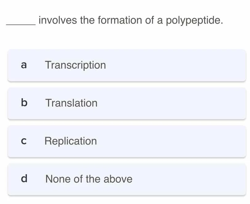 ______ involves the formation of a polypeptide. a transcription b trans…