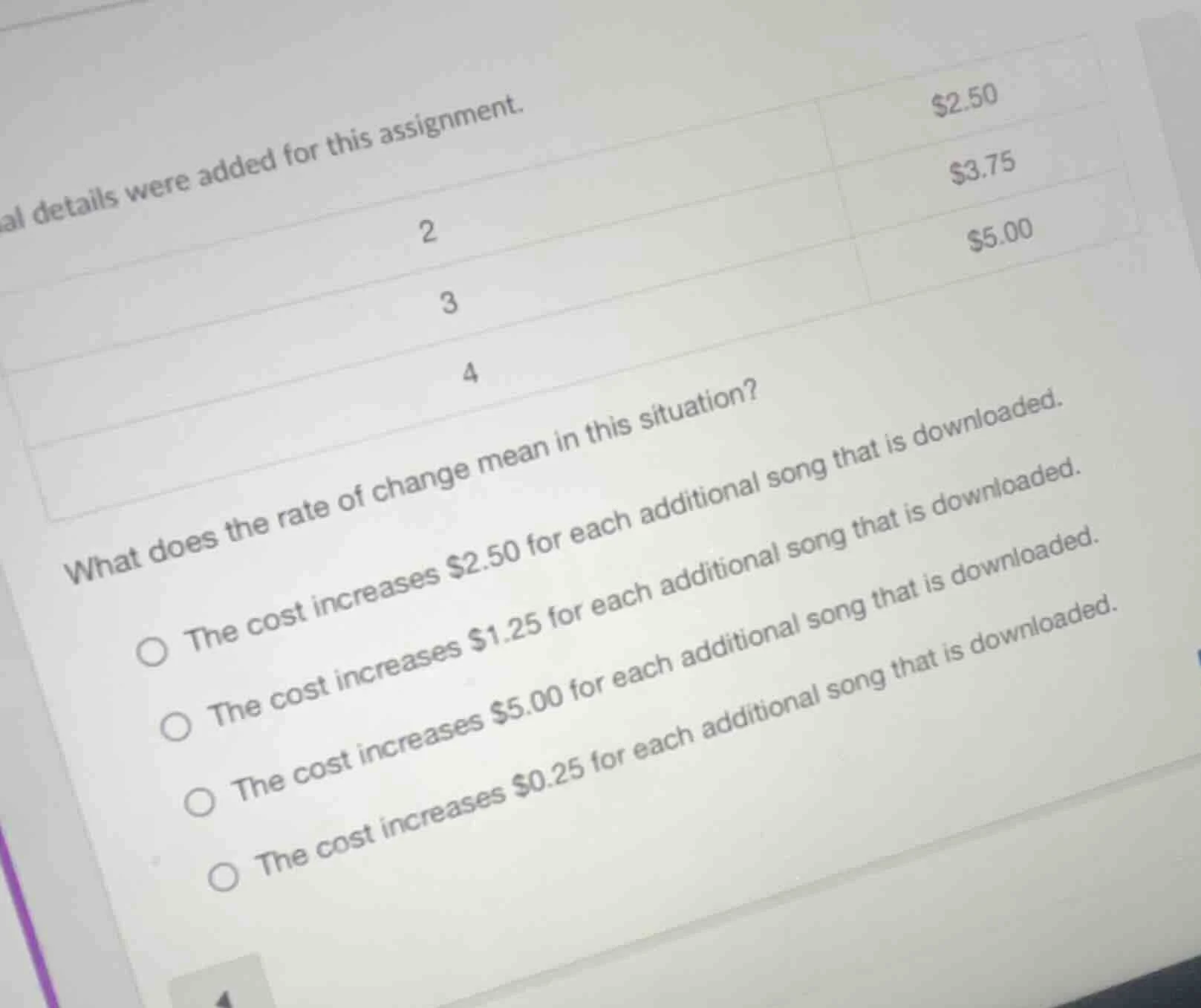 al details were added for this assignment. 2\t$2.50 3\t$3.75 4\t$5.00 w…