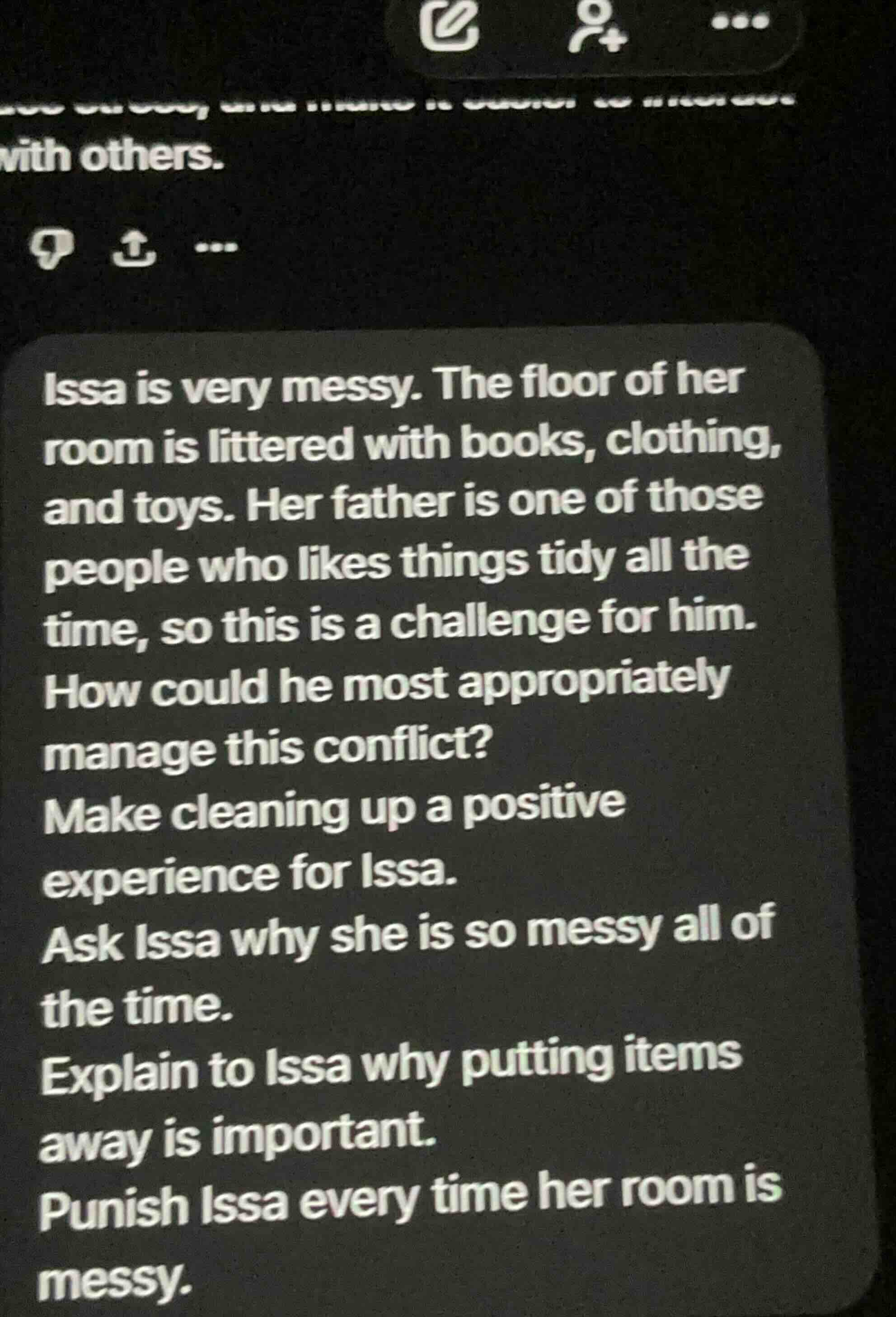 issa is very messy. the floor of her room is littered with books, cloth…