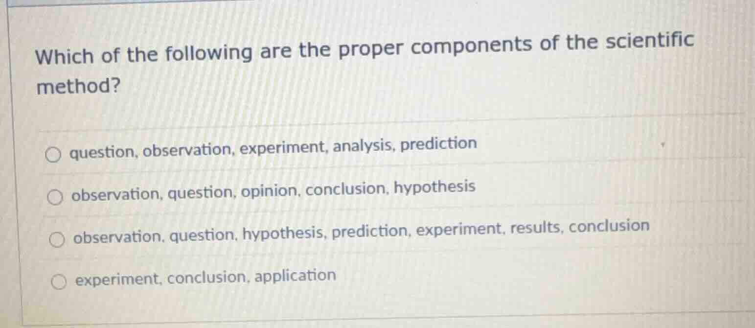 which of the following are the proper components of the scientific meth…