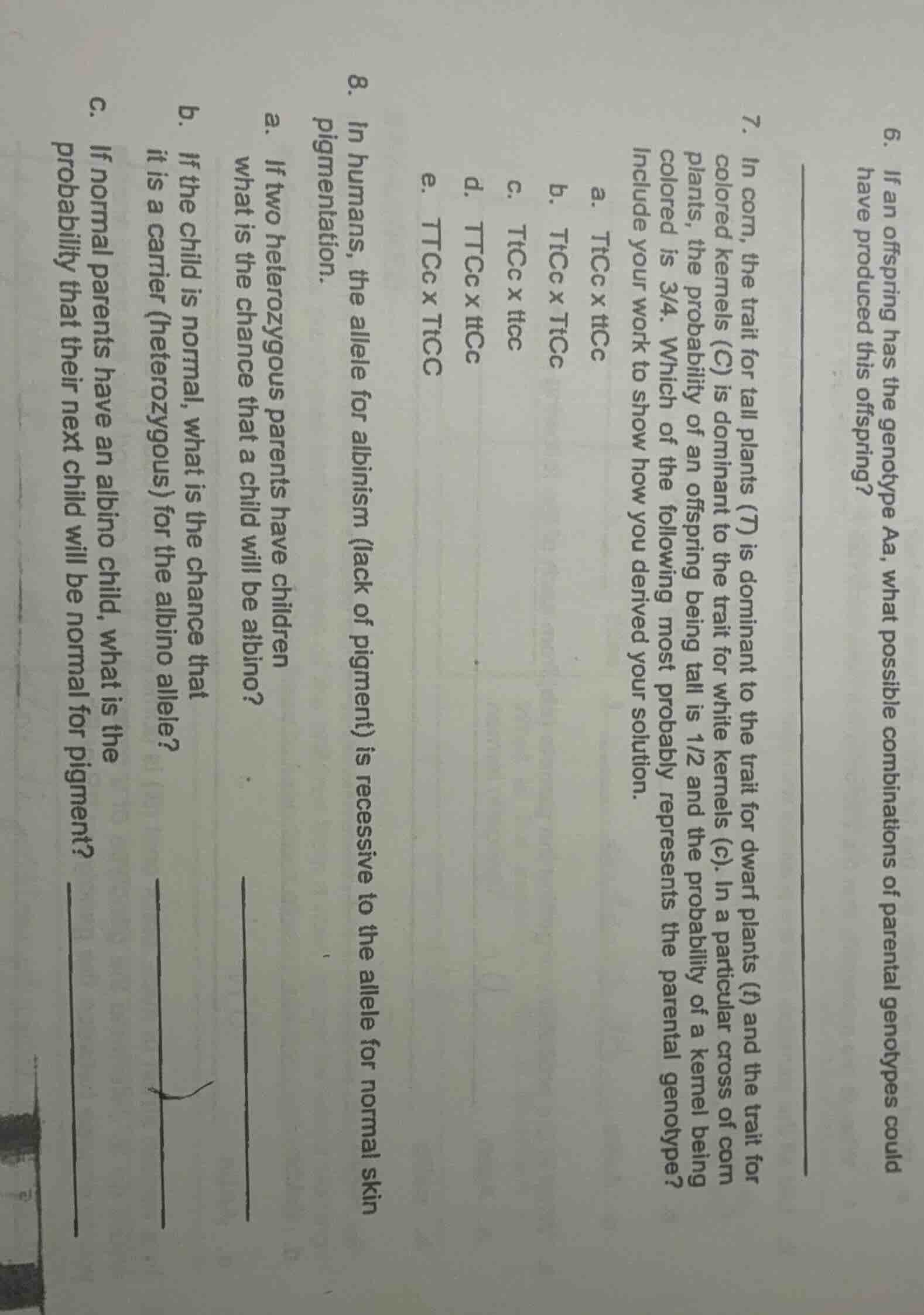 6. if an offspring has the genotype aa, what possible combinations of p…
