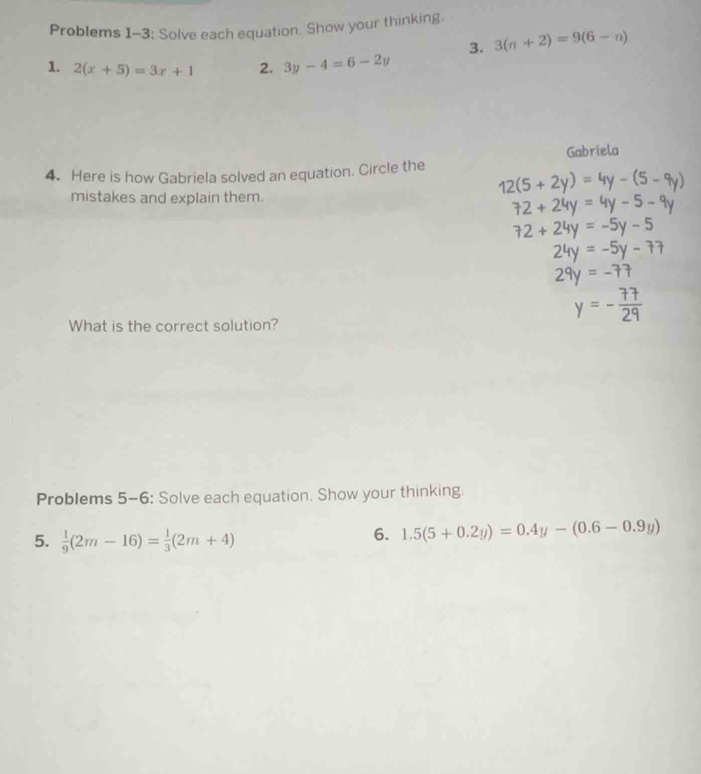 problems 1–3: solve each equation. show your thinking. 1. $2(x + 5) = 3…