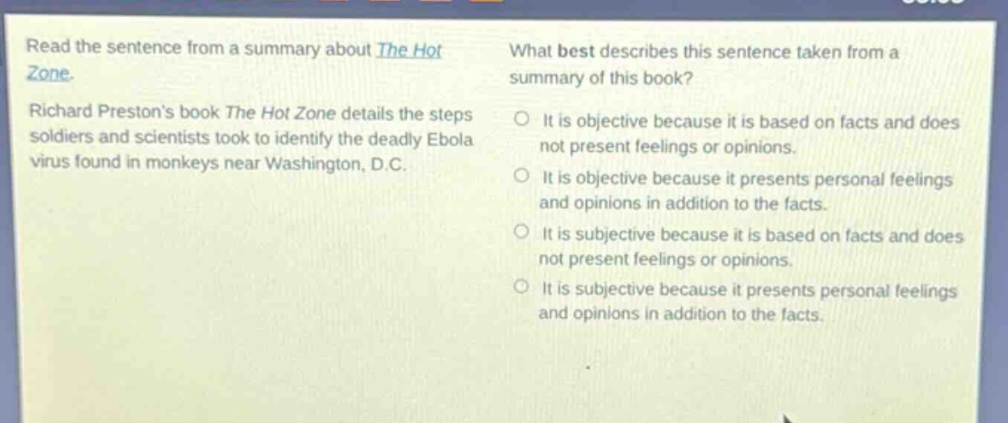 read the sentence from a summary about the hot zone. richard prestons b…