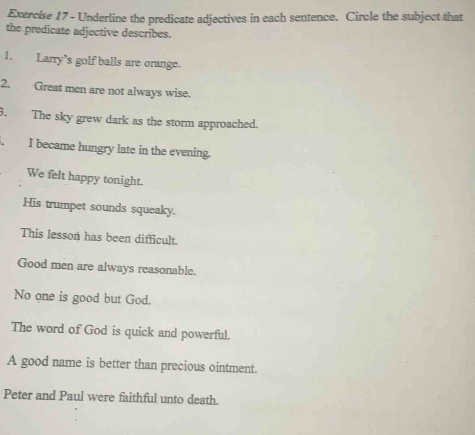 exercise 17 - underline the predicate adjectives in each sentence. circ…