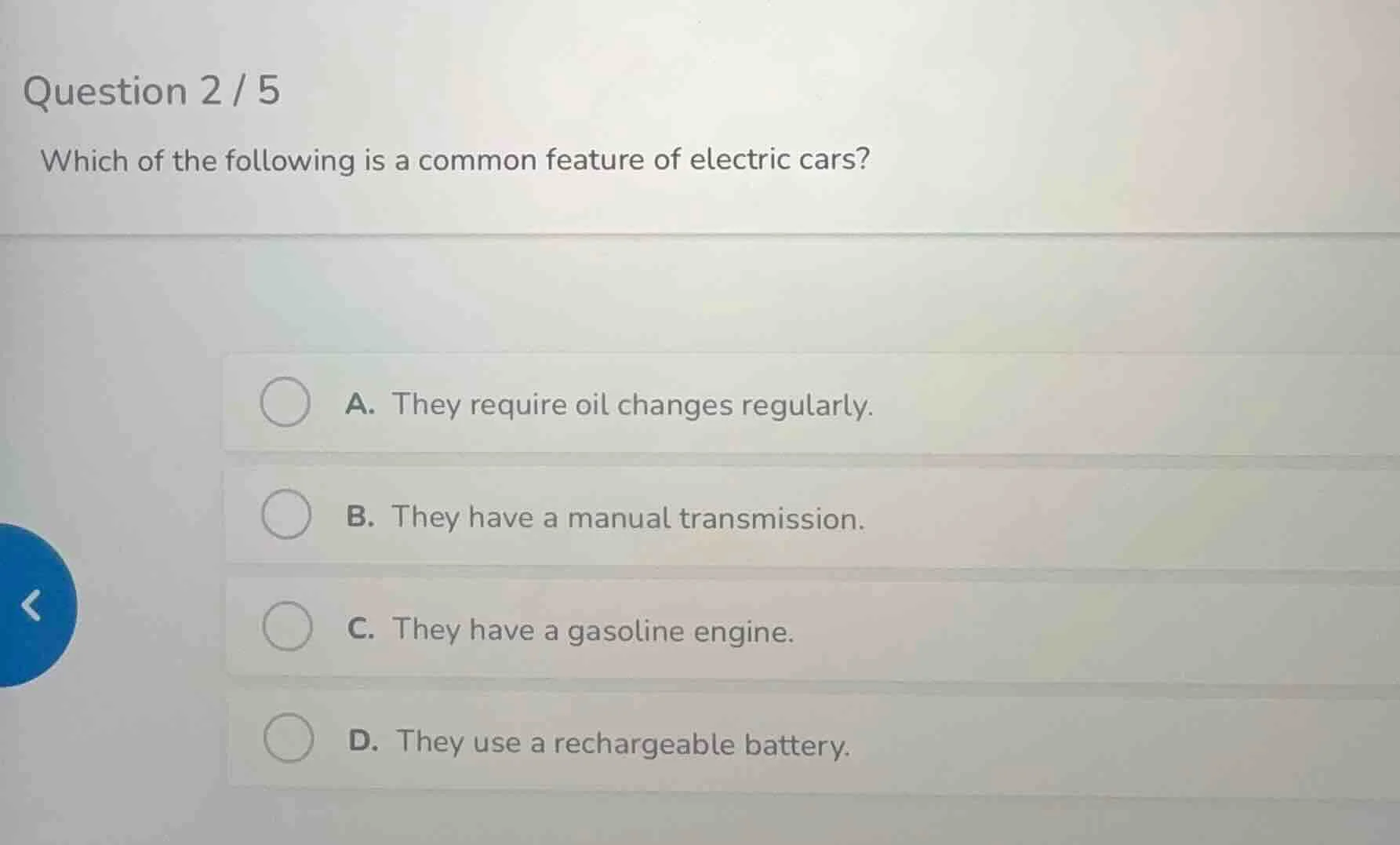 question 2 / 5 which of the following is a common feature of electric c…