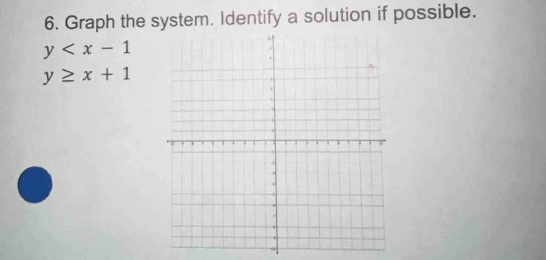 6. graph the system. identify a solution if possible. y < x - 1 y ≥ x +…