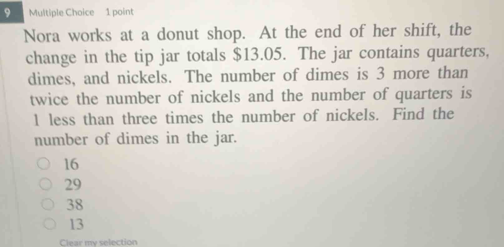 9 multiple choice 1 point nora works at a donut shop. at the end of her…