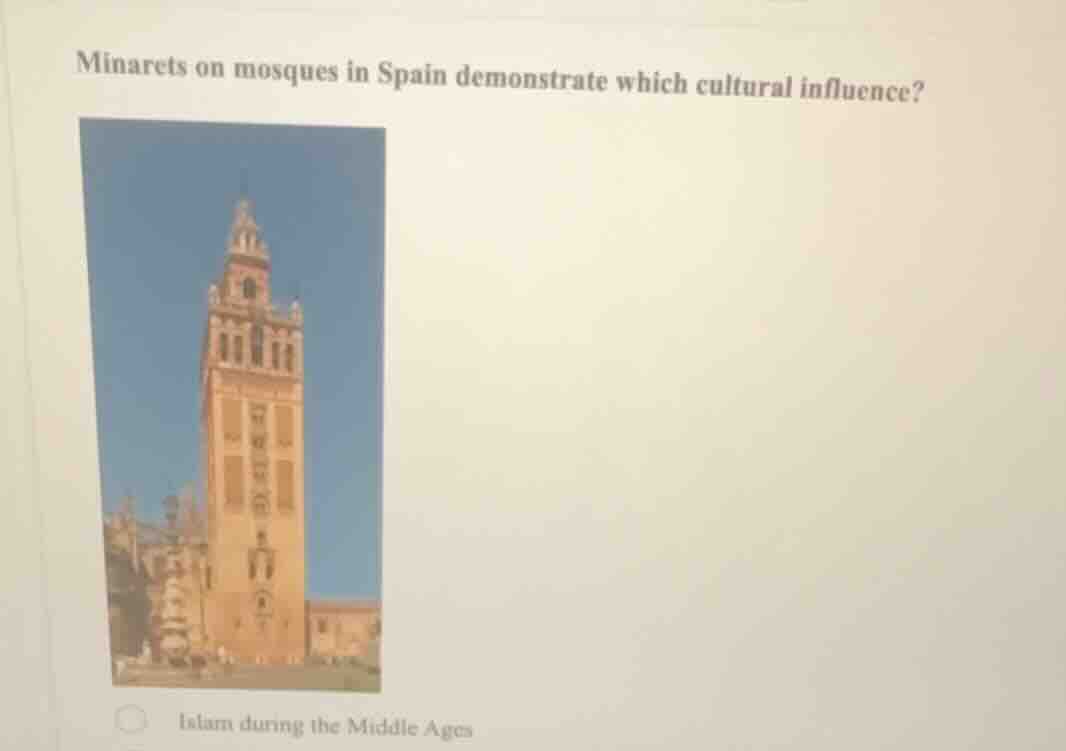 minarets on mosques in spain demonstrate which cultural influence? isla…