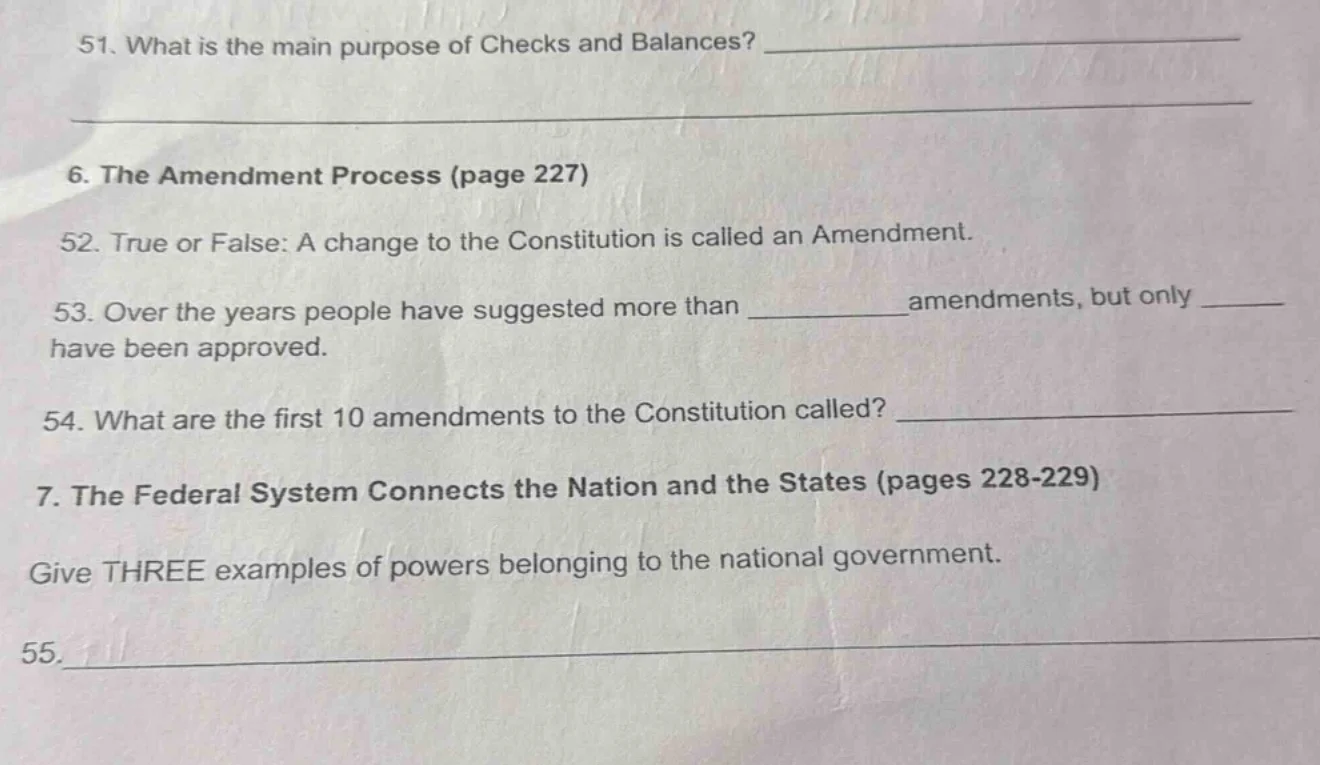 51. what is the main purpose of checks and balances? 6. the amendment p…