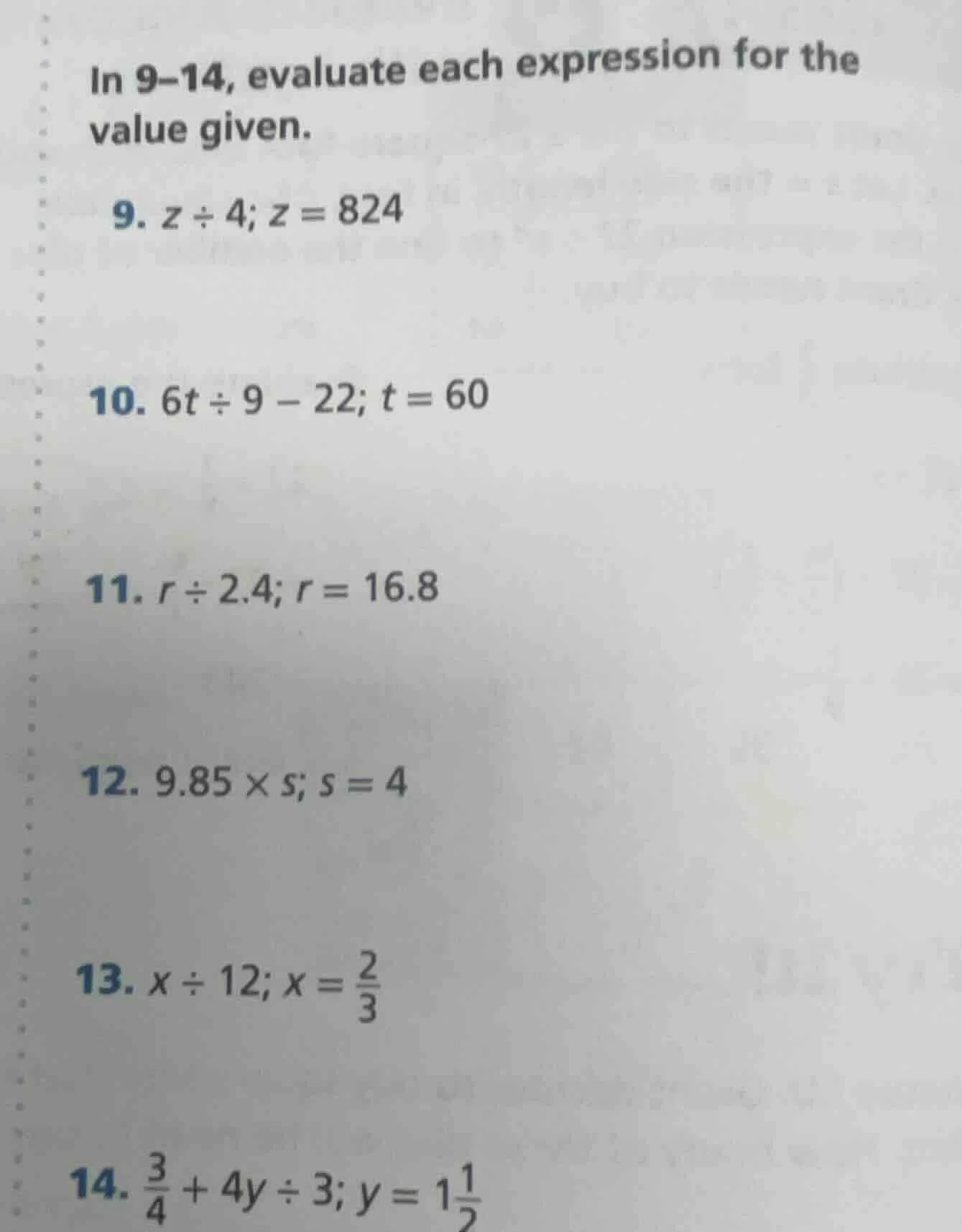 in 9–14, evaluate each expression for the value given. 9. $z \\div 4$; …