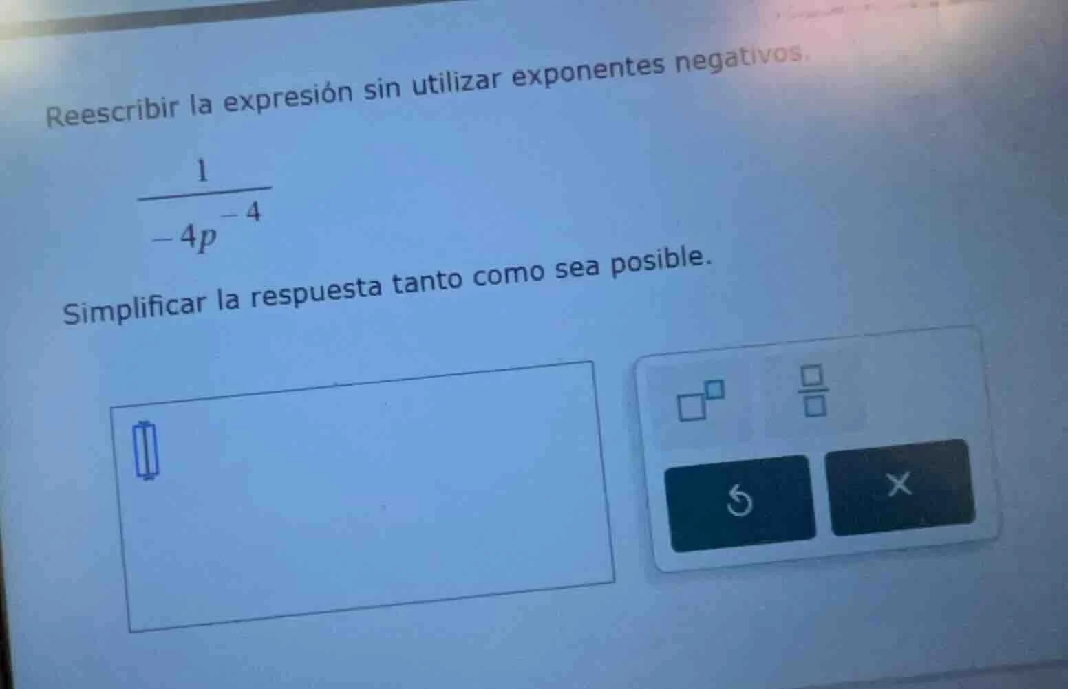 reescribir la expresión sin utilizar exponentes negativos. \\(\\frac{1}…