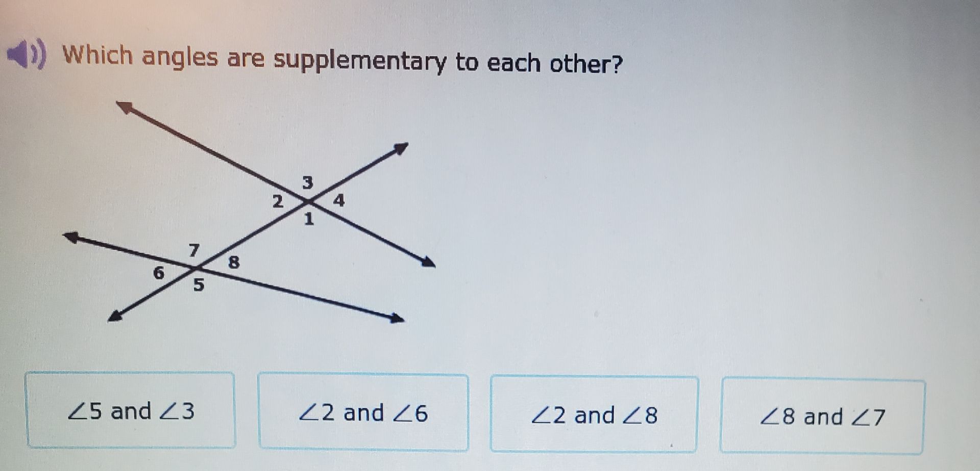 which angles are supplementary to each other? (image of intersecting li…