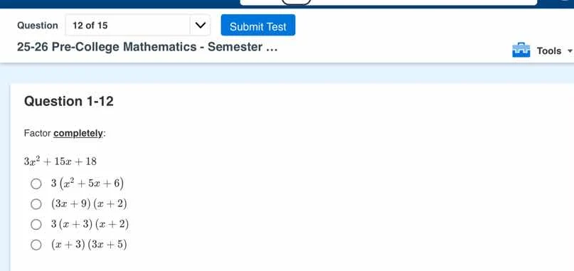question 12 of 15 submit test 25-26 pre-college mathematics - semester.…