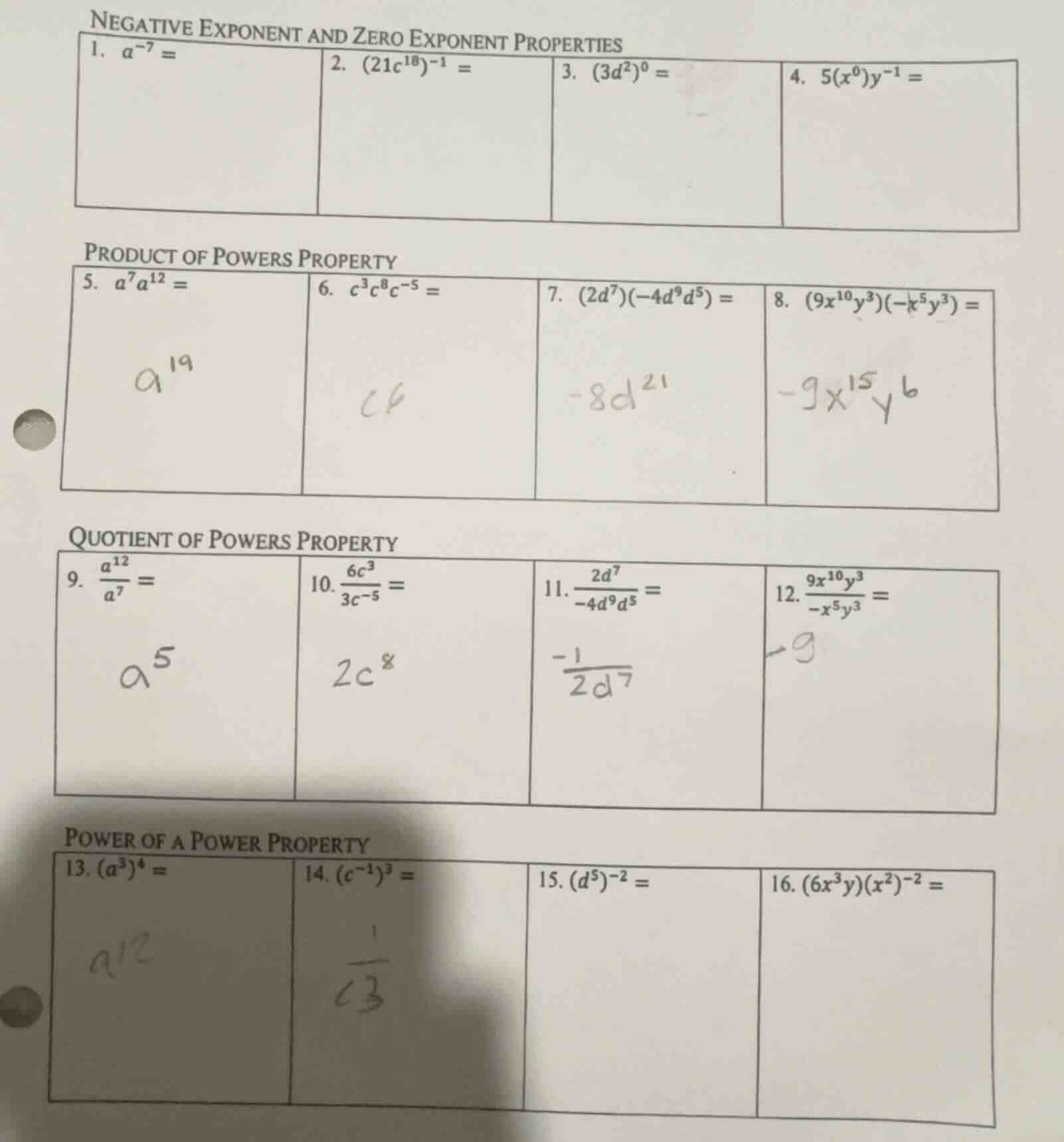 negative exponent and zero exponent properties 1. $a^{-7} = $ 2. $(21c^…