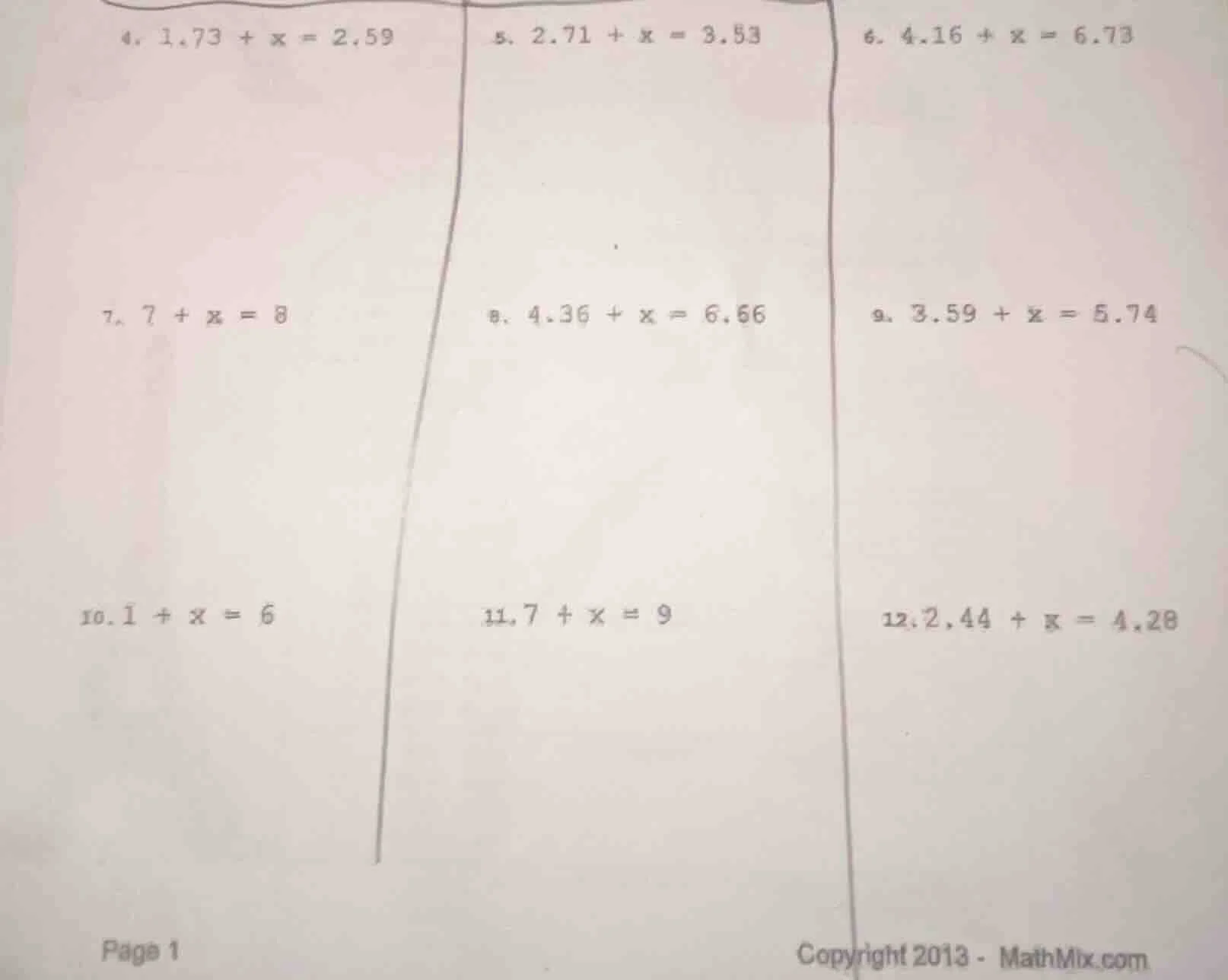4. $1.73 + x = 2.59$ 5. $2.71 + x = 3.53$ 6. $4.16 + x = 6.73$ 7. $7 + …