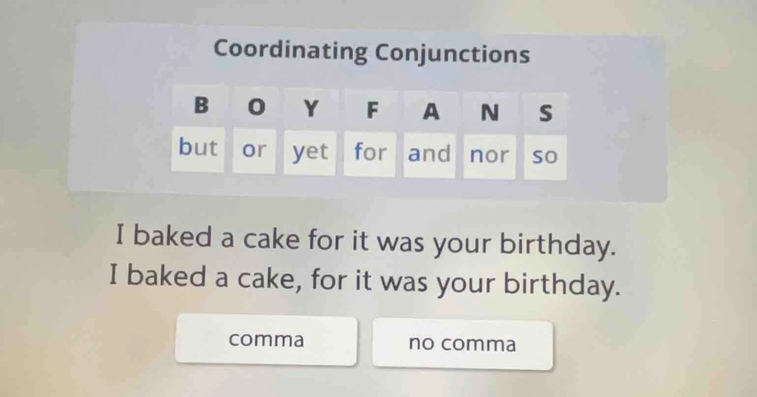 coordinating conjunctions b o y f a n s but or yet for and nor so i bak…