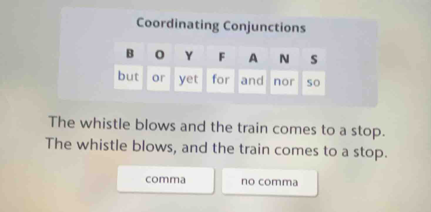 coordinating conjunctions b o y f a n s but or yet for and nor so the w…