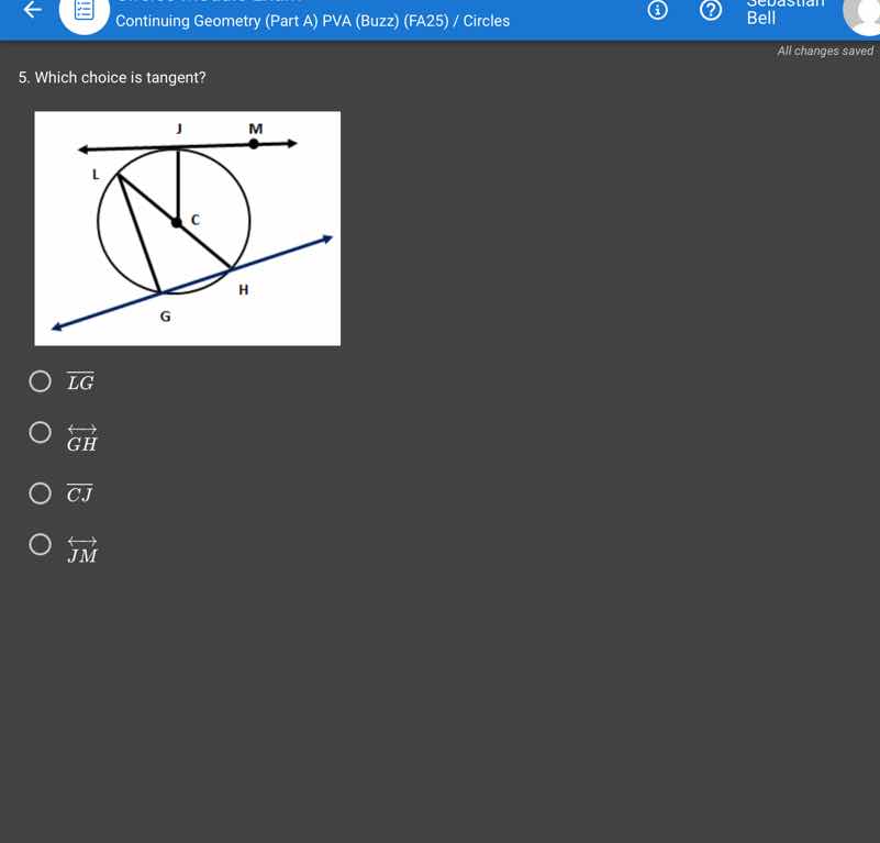 5. which choice is tangent? options: \\( \\overline{lg} \\) \\( \\overl…