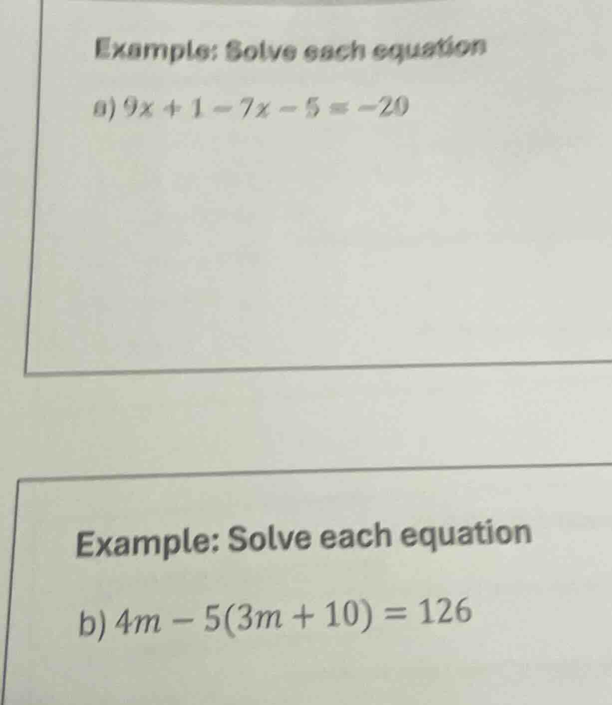 example: solve each equation a) $9x + 1 - 7x - 5 = -20$ example: solve …