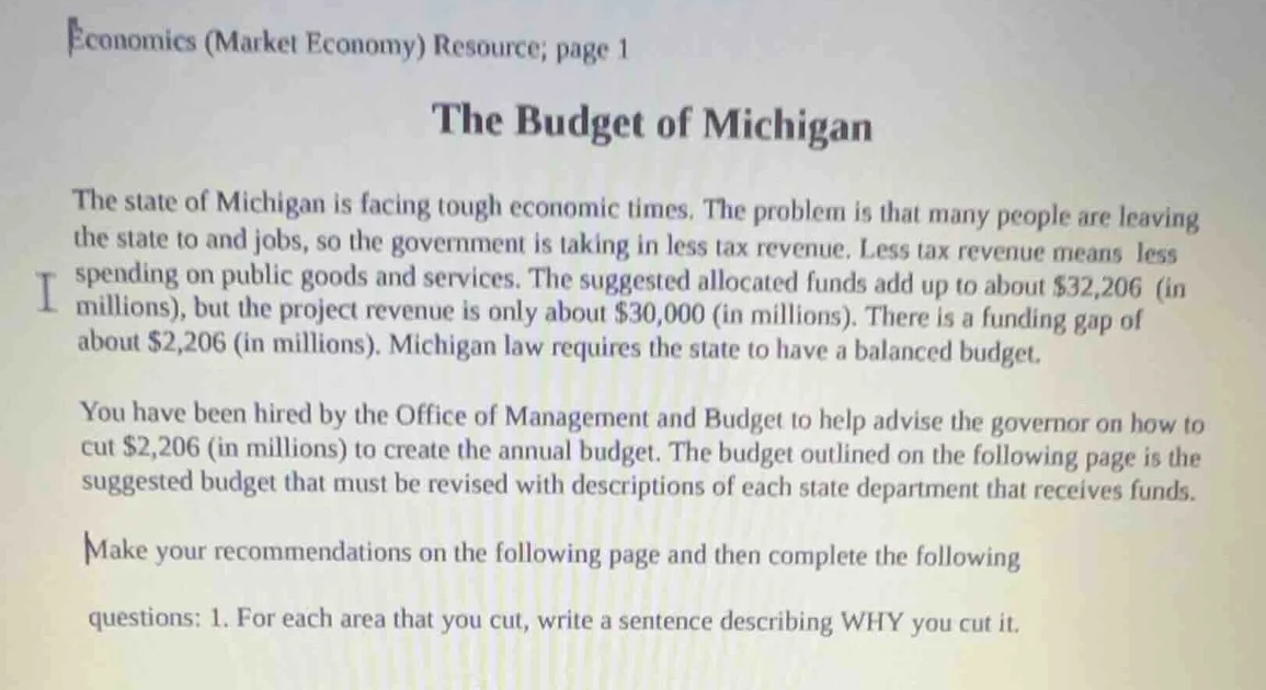 economics (market economy) resource; page 1 the budget of michigan the …