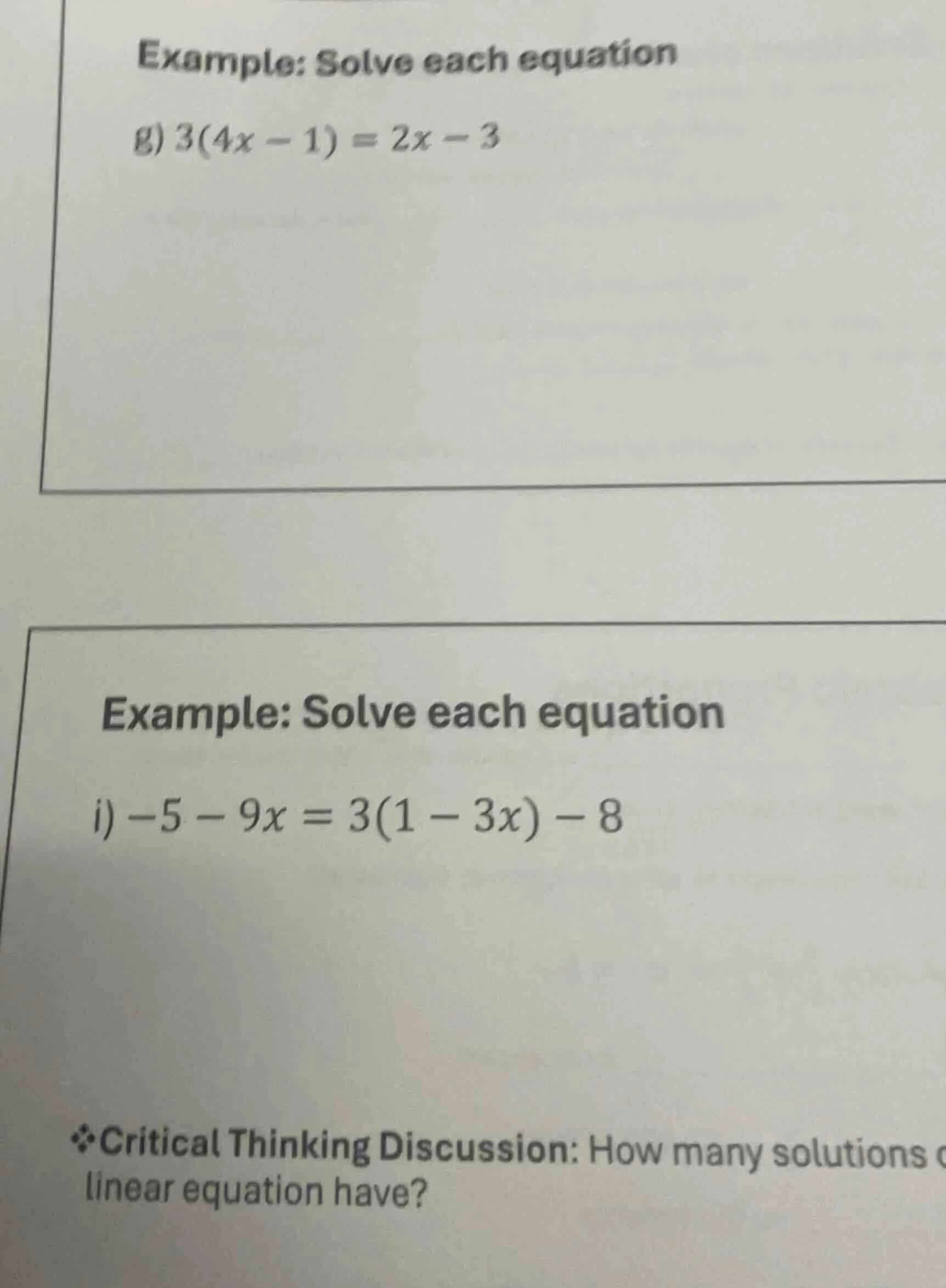 example: solve each equation g) $3(4x - 1) = 2x - 3$ example: solve eac…