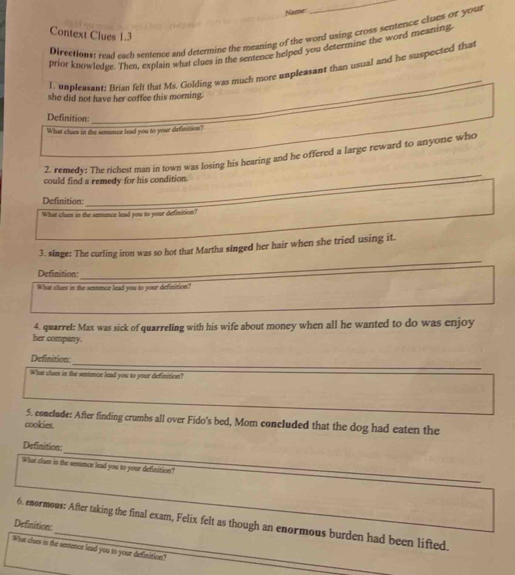 context clues 1.3 directions: read each sentence and determine the mean…