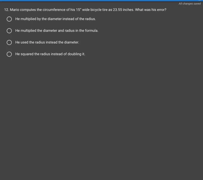 12. mario computes the circumference of his 15\ wide bicycle tire as 23…