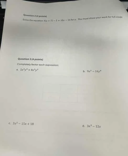 question 2 (2 points) solve the equation $3(x + 7) - 2 = 10x - 16$ for …