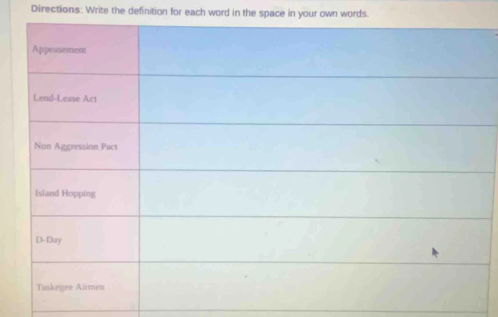 directions: write the definition for each word in the space in your own…