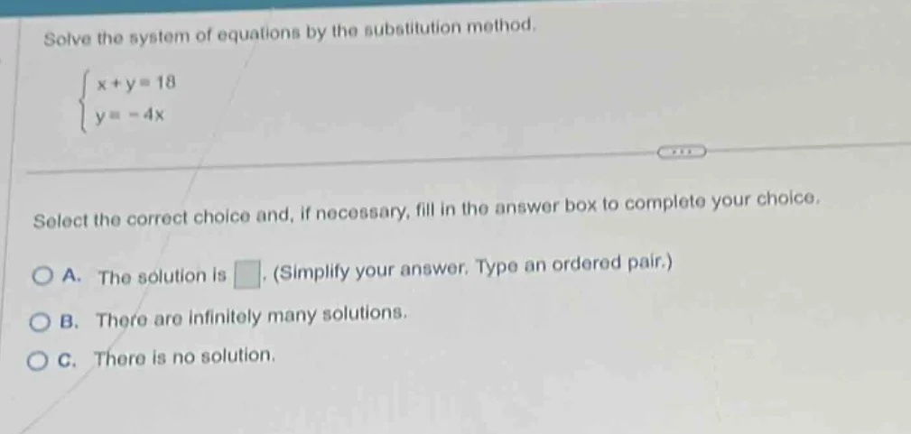solve the system of equations by the substitution method. \\begin{cases…