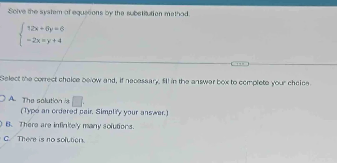 solve the system of equations by the substitution method.\\begin{cases}…