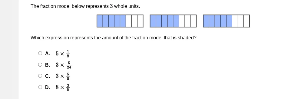 the fraction model below represents 3 whole units. which expression rep…