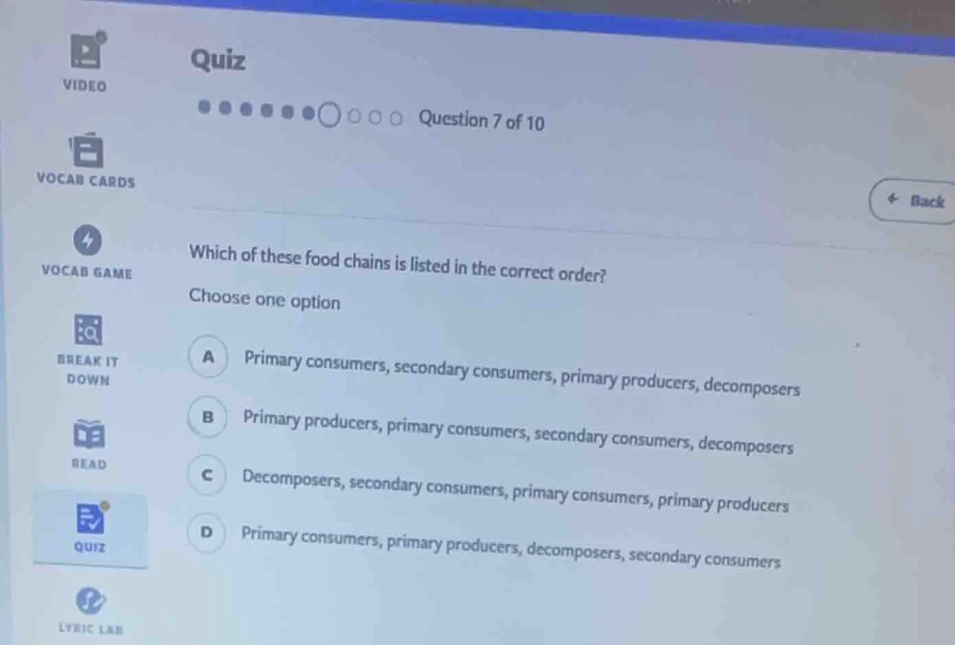 quiz question 7 of 10 which of these food chains is listed in the corre…