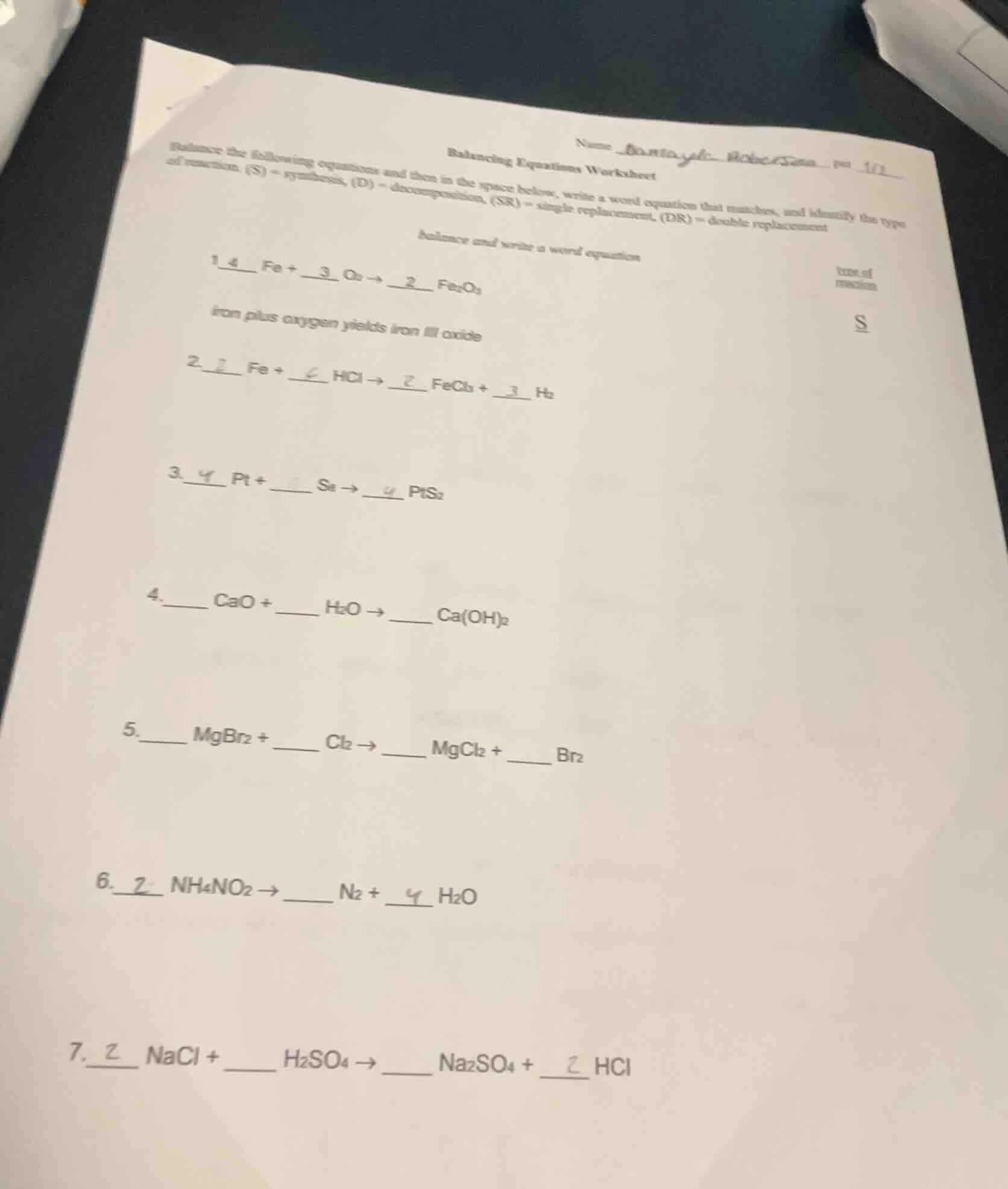 balancing equations worksheet name balance the following equations and …