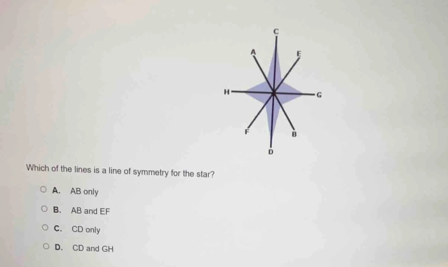 which of the lines is a line of symmetry for the star? a. ab only b. ab…