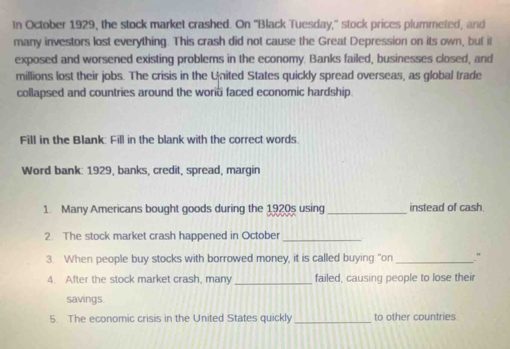 in october 1929, the stock market crashed. on \black tuesday,\ stock pr…