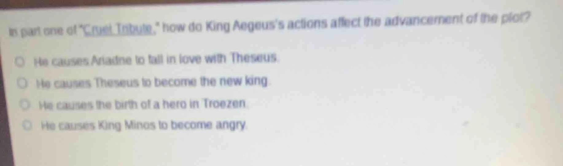 in part one of \cruel tribute,\ how do king aegeuss actions affect the …