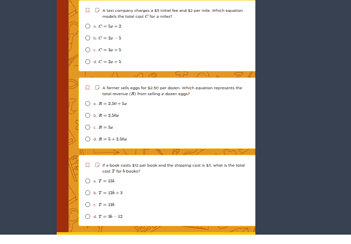 1. a taxi company charges a $5 initial fee and $2 per mile. which equat…