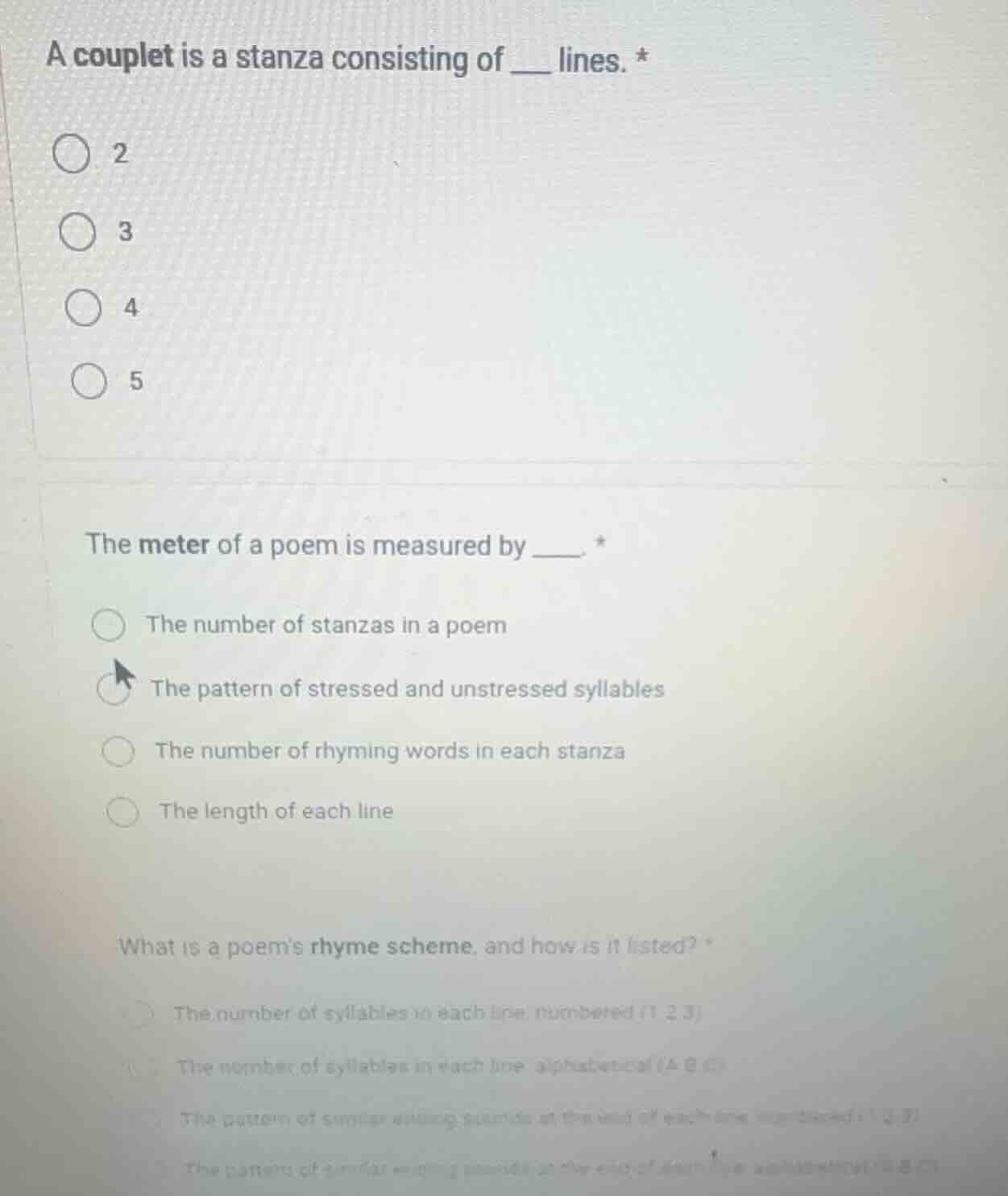 a couplet is a stanza consisting of ___ lines. * 2 3 4 5 the meter of a…