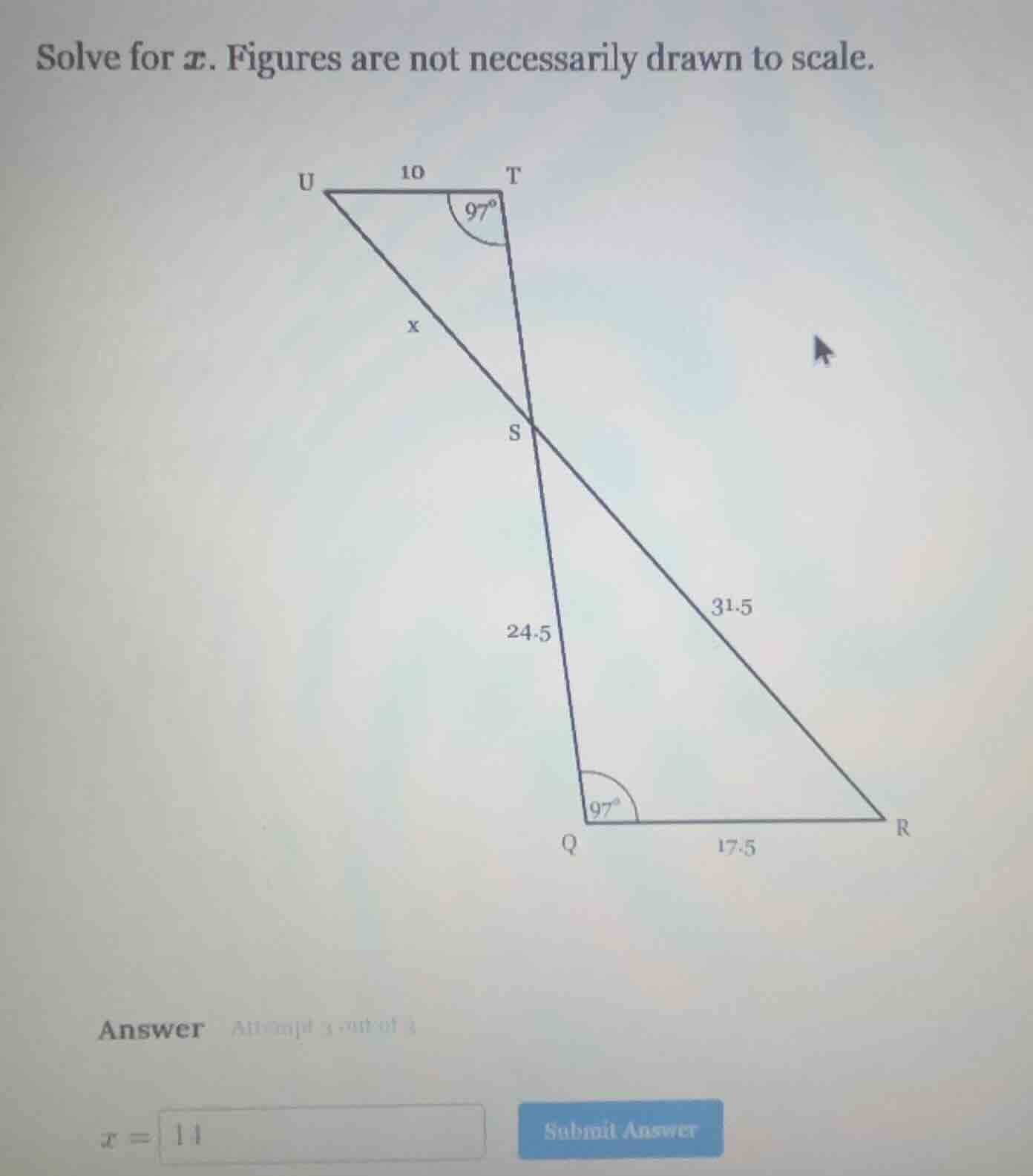 solve for ( x ). figures are not necessarily drawn to scale. triangle d…