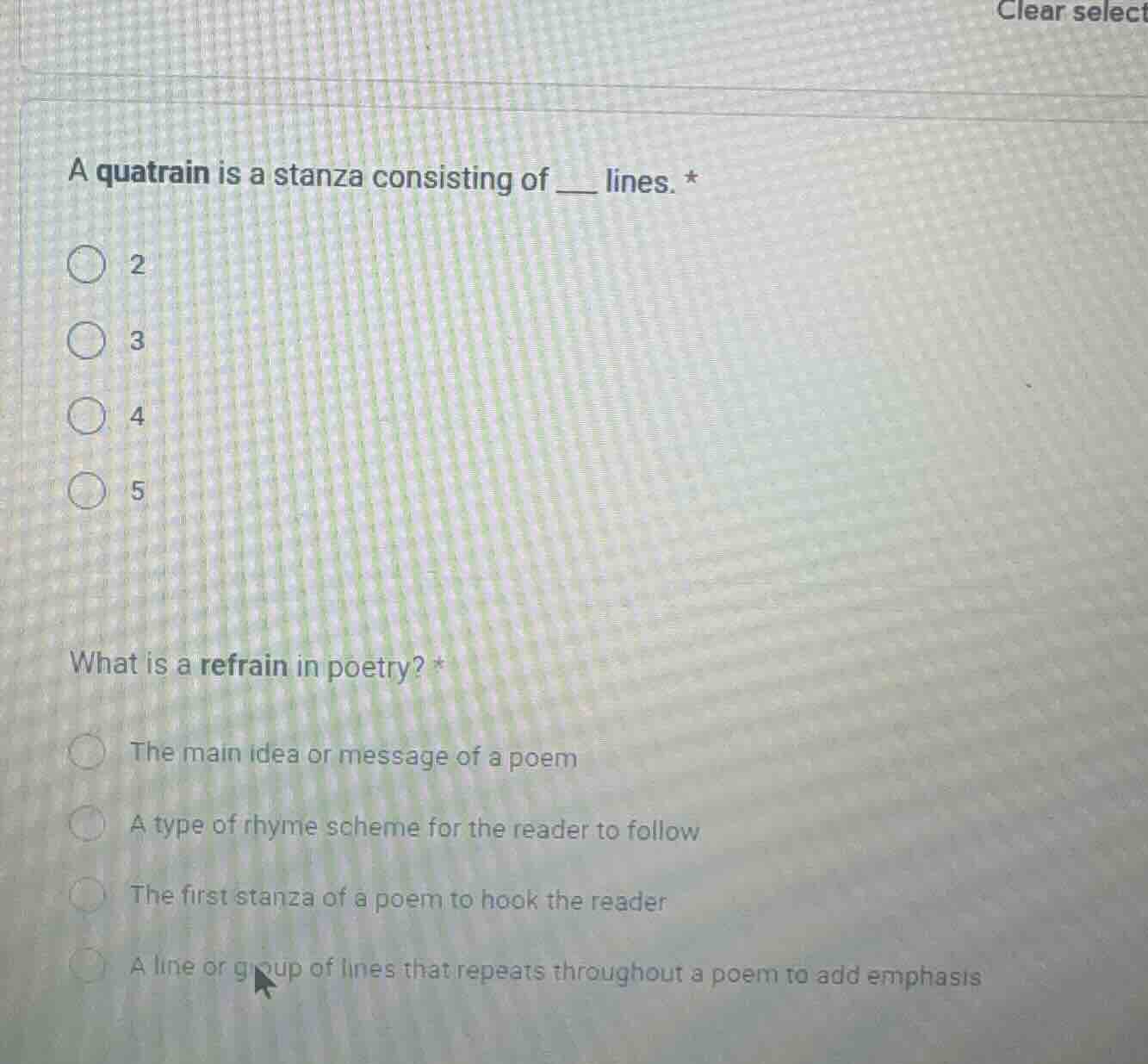 a quatrain is a stanza consisting of ___ lines. * 2 3 4 5 what is a ref…