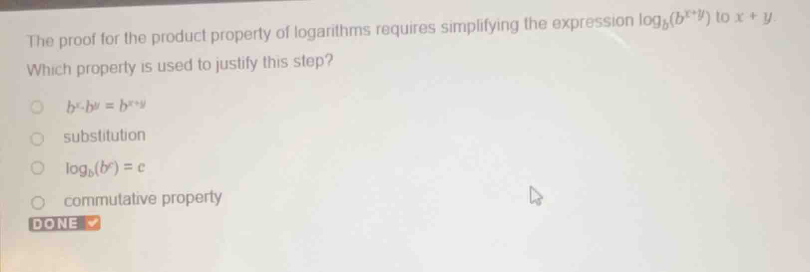 the proof for the product property of logarithms requires simplifying t…