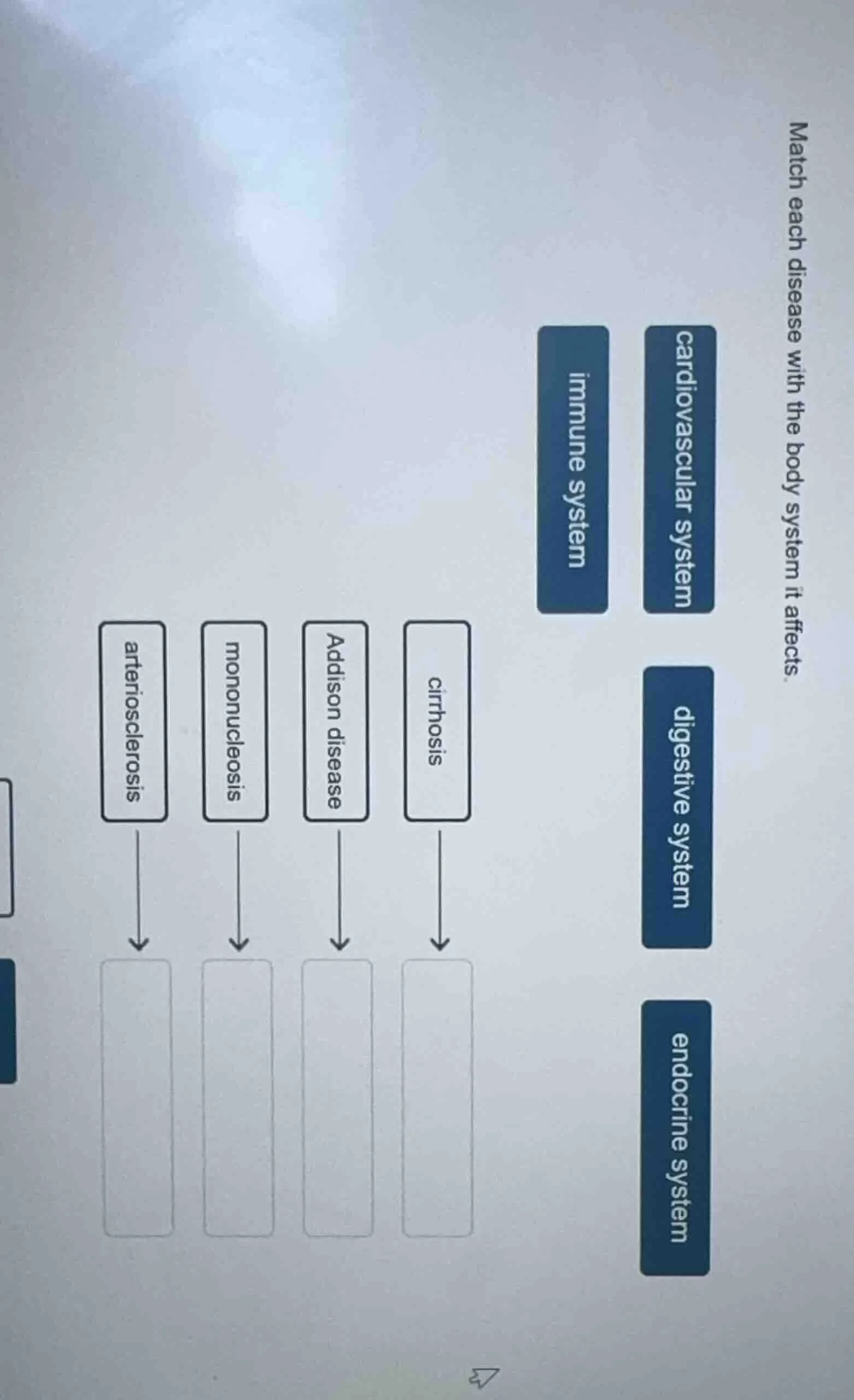 match each disease with the body system it affects. diseases: arteriosc…