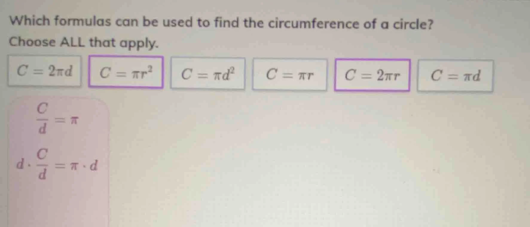 which formulas can be used to find the circumference of a circle? choos…